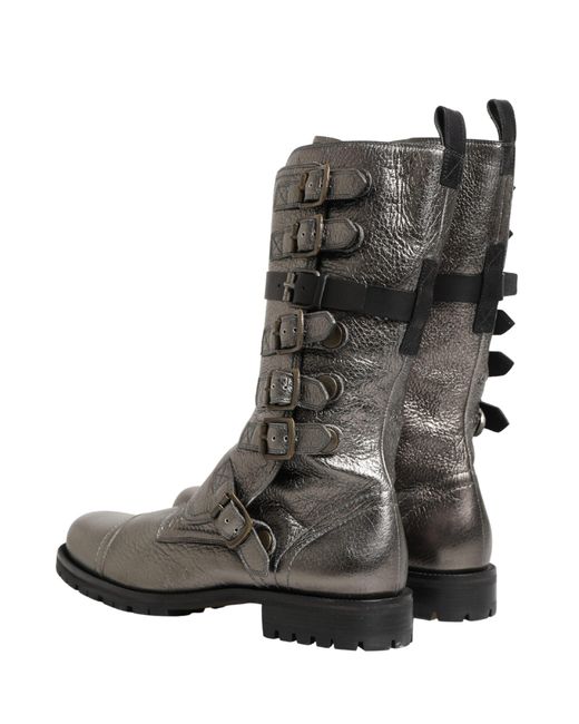 Dolce & Gabbana Black Metallic Silver Combat Biker Mid Calf Boots Shoes for men