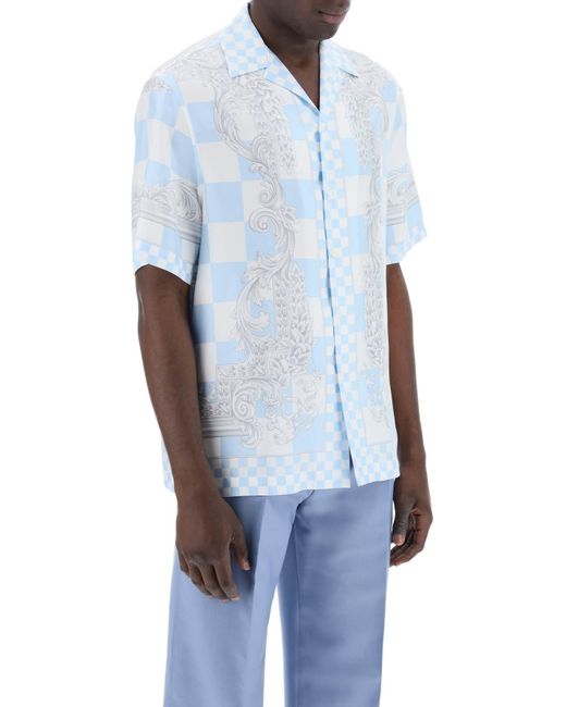 Versace Blue Printed Silk Bowling Shirt In Eight for men