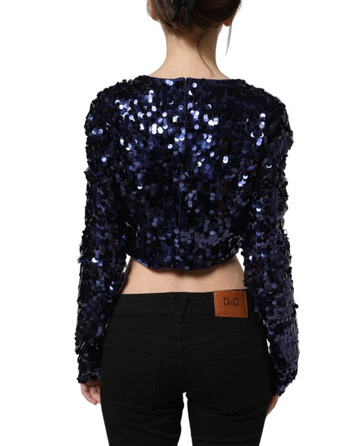 Dolce & Gabbana Blue Sequined Long Sleeves Crop Blouse Top Nylon