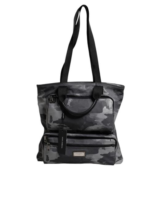 Dolce & Gabbana Black Gray Camo Cotton Multiple Compartments Tote Bag for men