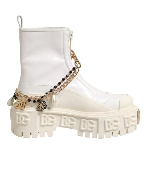 Dolce & Gabbana Natural White Leather Rubber Logo Ankle Boots Shoes