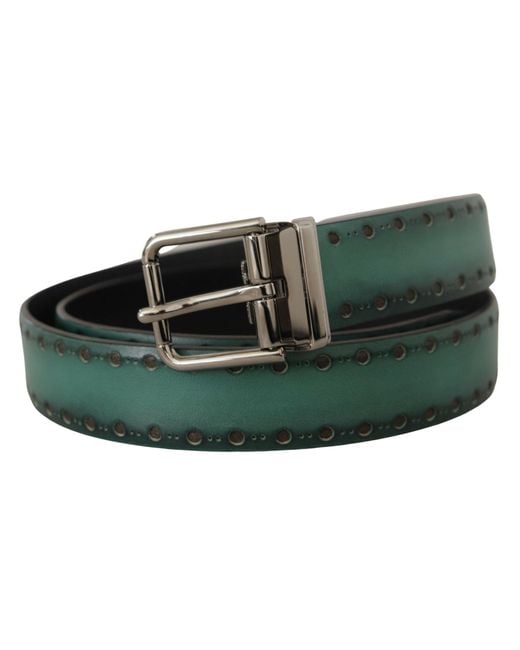 Dolce & Gabbana Black Green Giotto Leather Silver Metal Buckle Belt for men