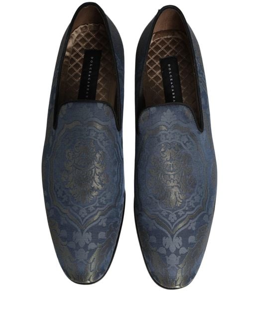 Dolce & Gabbana Gray Blue Floral Brocade Slip On Loafers Shoes for men
