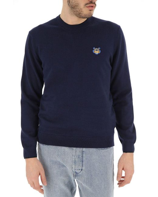 KENZO Blue Cotton Crewneck Sweater With Tiger Logo for men