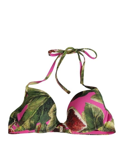 Dolce & Gabbana Green Fuchsia Pink Fig Print Beachwear Bikini Top