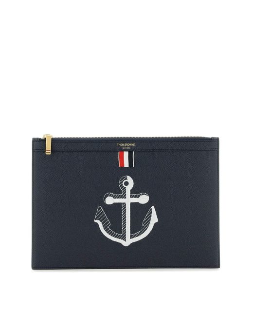Thom Browne Blue Grained Leather Pouch