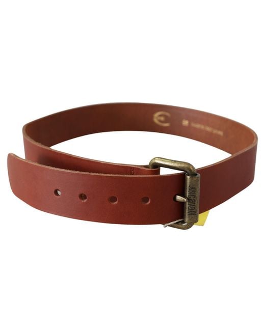 Just Cavalli Brown Leather Logo Bronze Rustic Metal Buckle Belt