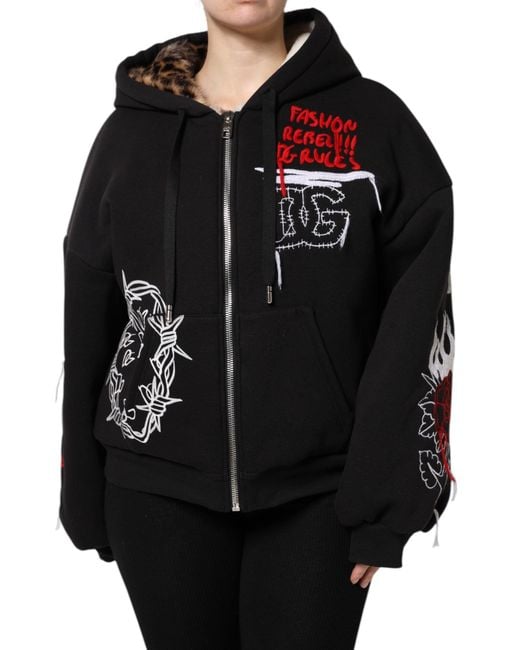 Dolce & Gabbana Black Embroidered Full Zip Hooded Jacket for men