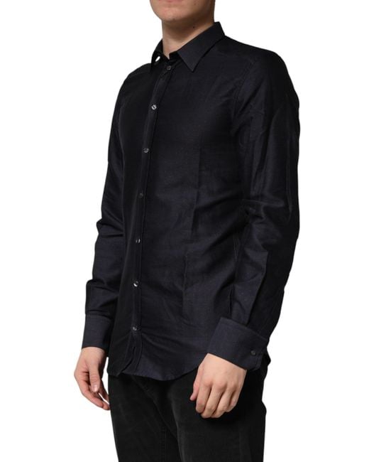 Dolce & Gabbana Black Dotted Cotton Collared Dress Shirt for men