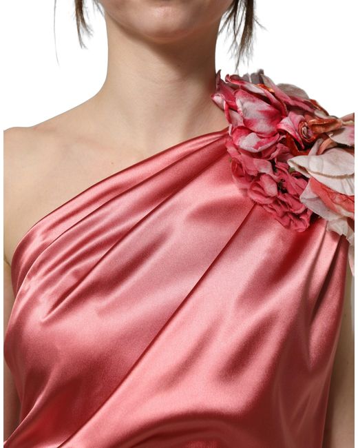 Dolce & Gabbana Red Draped Midi Flower Appliques Dress Acetate Nylon Elastane