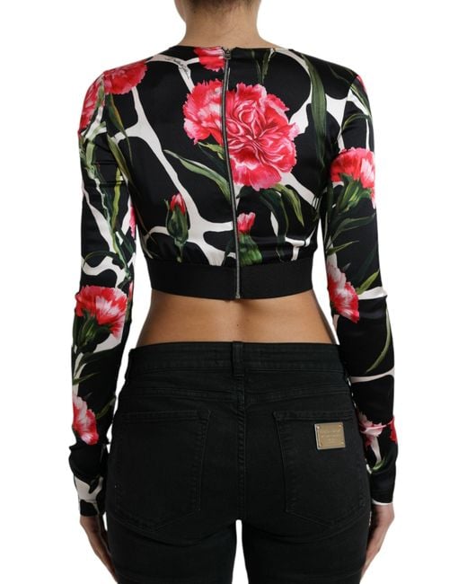 Dolce & Gabbana Black Multicolor Floral Long Sleeves Cropped Top
