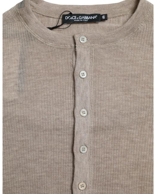 Dolce & Gabbana Gray Henley Pullover Beige Cashmere Sweater for men