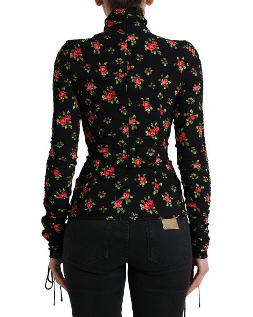 Dolce & Gabbana Black Rose Print Turtle Neck Blouse Top