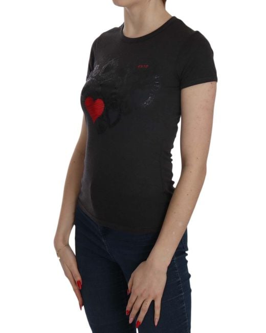 Exte Black Hearts Print Short Sleeve Casual Shirt Top