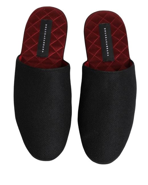 Dolce & Gabbana Black Wool Cashmere Red Quilted Slippers Shoes for men