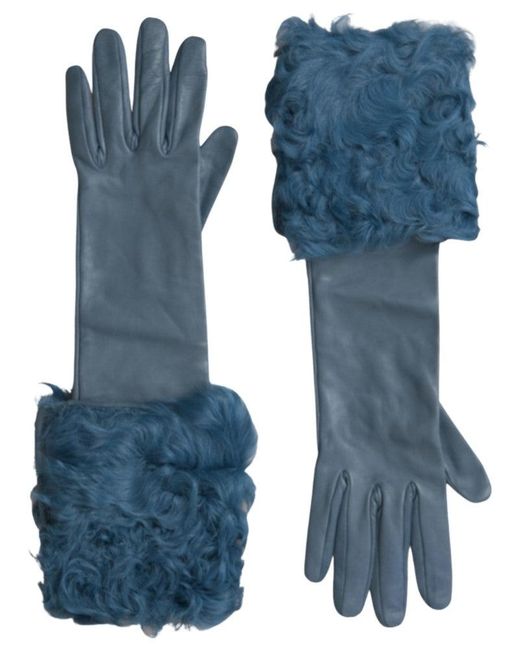 Dolce & Gabbana Blue Leather Fur Mid Arm Length Gloves