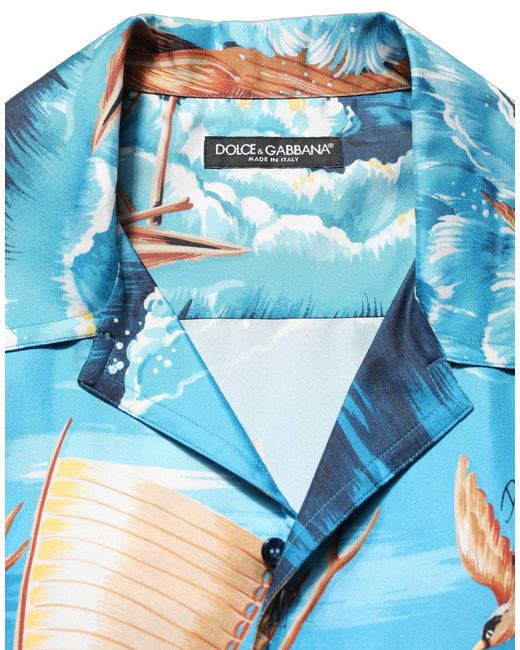 Dolce & Gabbana Blue Silk Twill Hawaiian Graphicprint Shirt for men