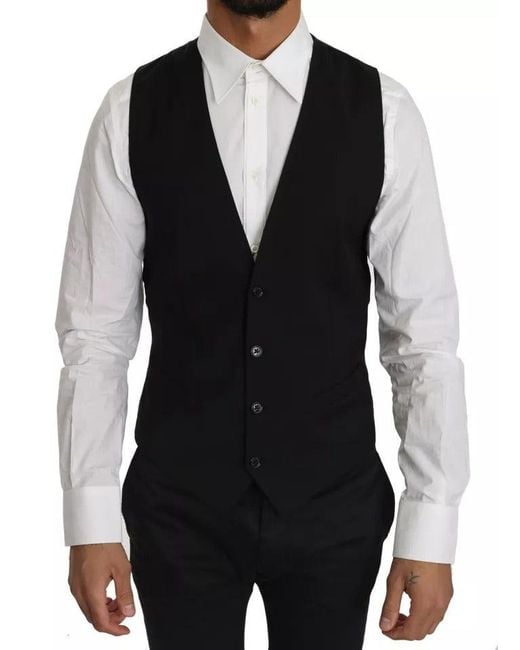 Dolce & Gabbana Black Wool Logo Waistcoat Vest for men