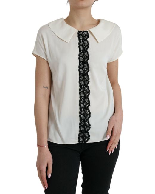 Dolce & Gabbana White Elegant Off- Lace-Trim Silk Blouse