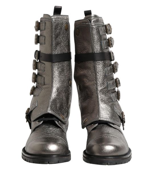 Dolce & Gabbana Black Metallic Silver Combat Biker Mid Calf Boots Shoes for men