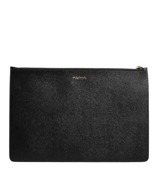 Dolce & Gabbana Black Leather #Dgfamily Embellished Zip Pouch Bag for men