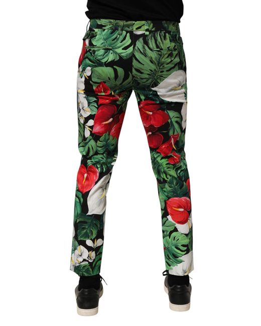 Dolce & Gabbana Green Multicolor Floral Print Cotton Tapered Pants for men