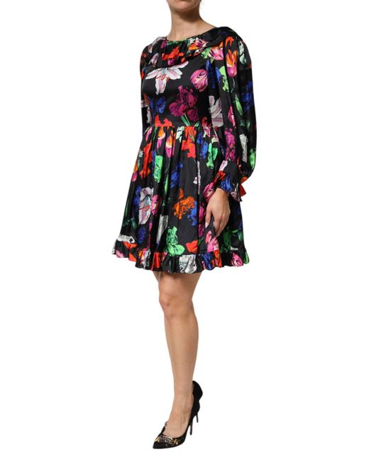 MSGM Black Floral Print Ruffletrim Dress