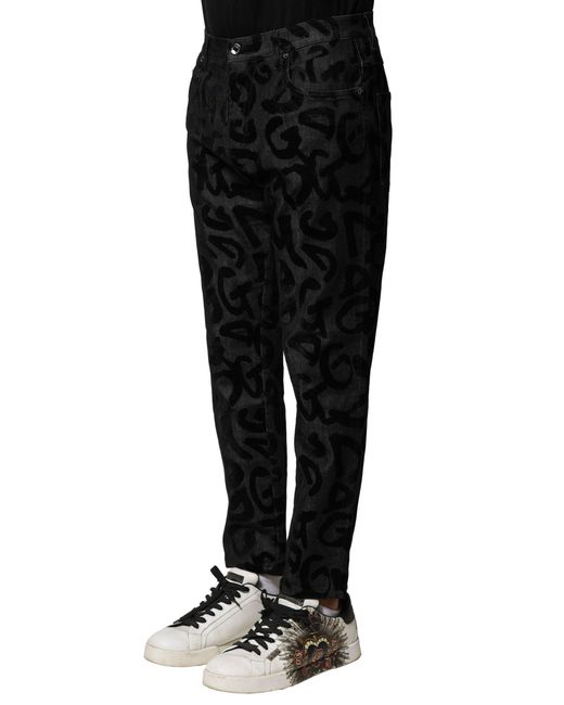 Dolce & Gabbana Black Gray Cotton Dg Logo Straight Men Denim Jeans for men
