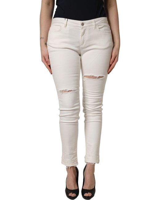 Dolce & Gabbana Multicolor White Tattered Skinny Cotton Denim Jeans