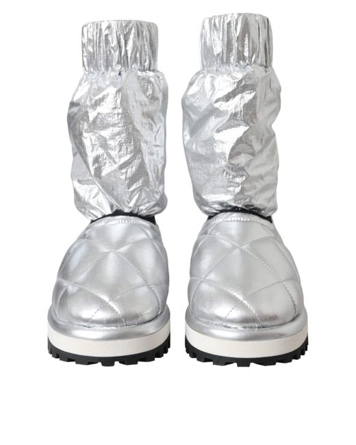 Dolce & Gabbana Gray Metallic Quilted Logo Patch Boot Shoes