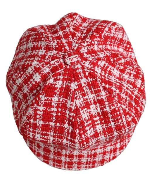 Dolce & Gabbana Red White Tweed Textured Baker Boy Capello Hat