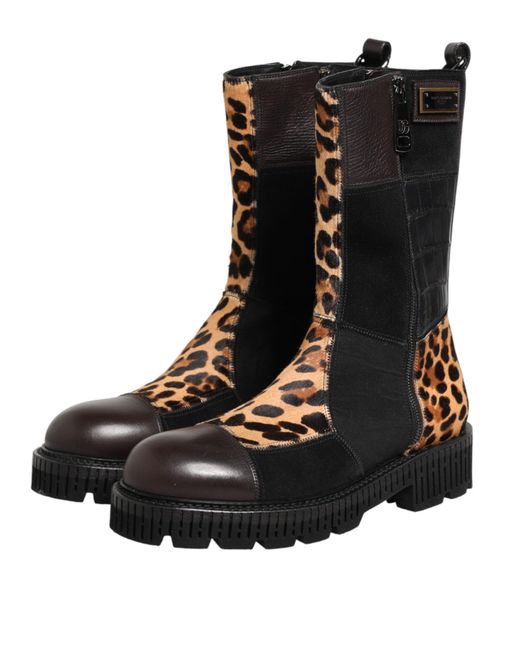 Dolce & Gabbana Black Multicolor Leopard Mid Calf Boots Shoes for men