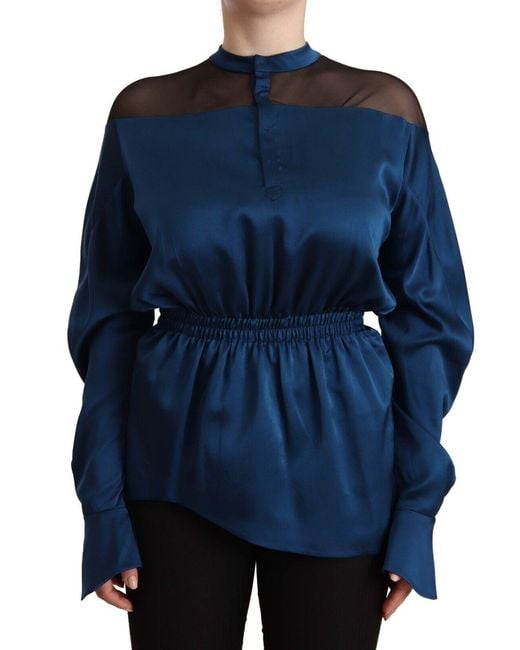 Masha Ma Blue Silk Long Sleeves Elastic Waist Top Blouse