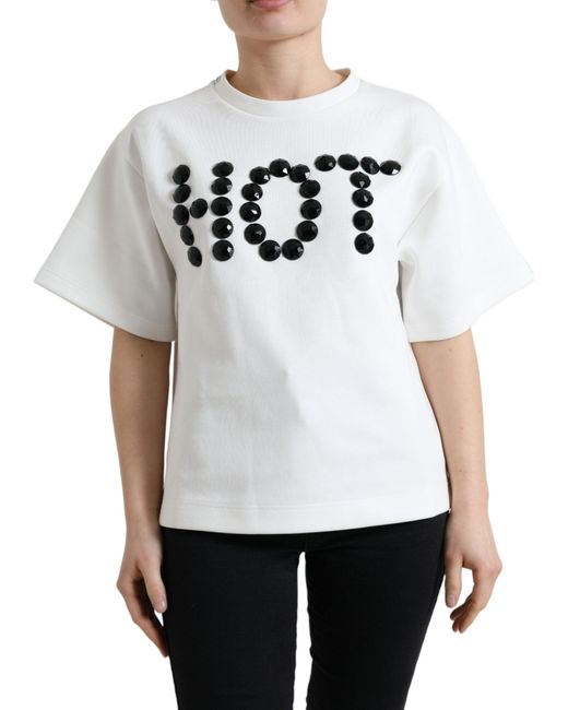 Dolce & Gabbana T-shirt White Cotton Stretch Black Hot Crystal - It36|xxs