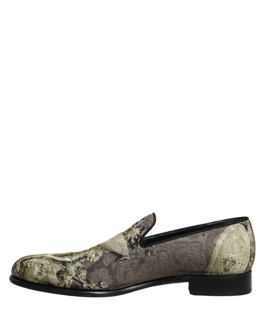 Dolce & Gabbana Gray Brown Baroque Print Slip On Loafers Shoes for men