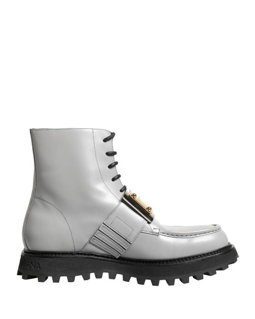 Dolce & Gabbana Gray Leather Logo Plaque Ankle Boots Shoes for men