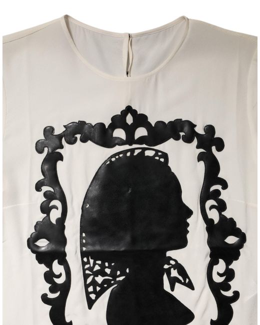 Dolce & Gabbana White Silk Silhouette Detail Short Sleeve Top