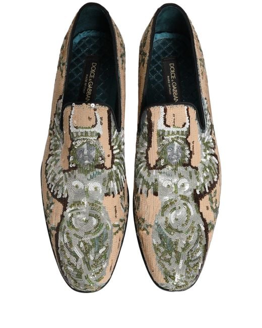 Dolce & Gabbana White Beige Sequin Embroidery Dress Loafers Shoes for men