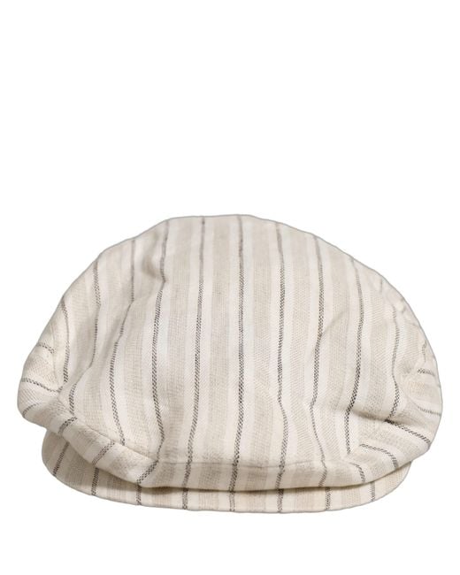 Dolce & Gabbana Gray Men Off White Striped Linen Newsboy Capello Hat for men