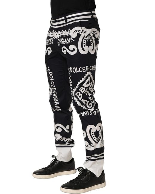Dolce & Gabbana Black Cotton Poplin Marinaprint Trouser Pants