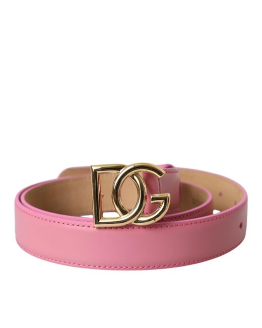 Dolce & Gabbana Pink Leather Logo Metal Buckle Belt