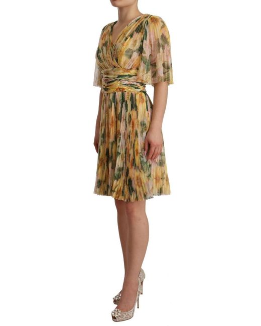 Dolce & Gabbana Multicolor Yellow Floral Print Pleated Maxi Dress