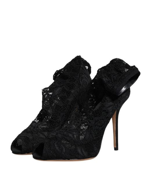 Dolce & Gabbana Black Lace Stretch Heels Mid Calf Boots Shoes
