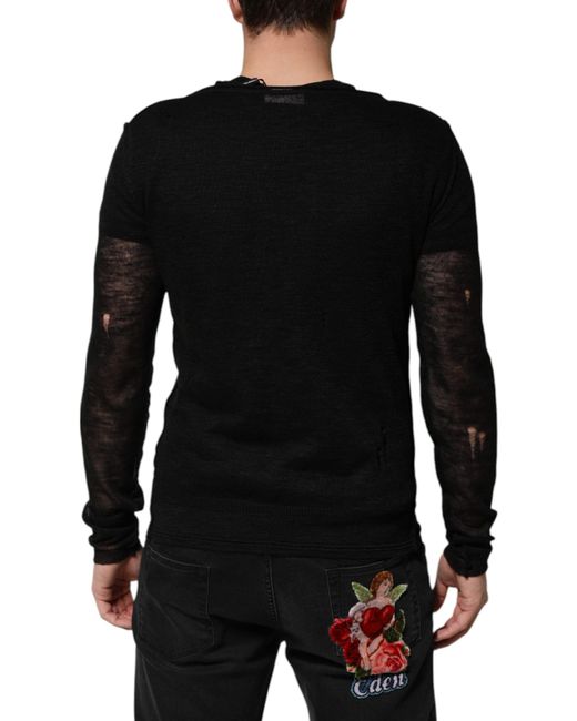 Dolce & Gabbana Black Linen Mesh Tattered Longsleeves T-Shirt Polyester for men