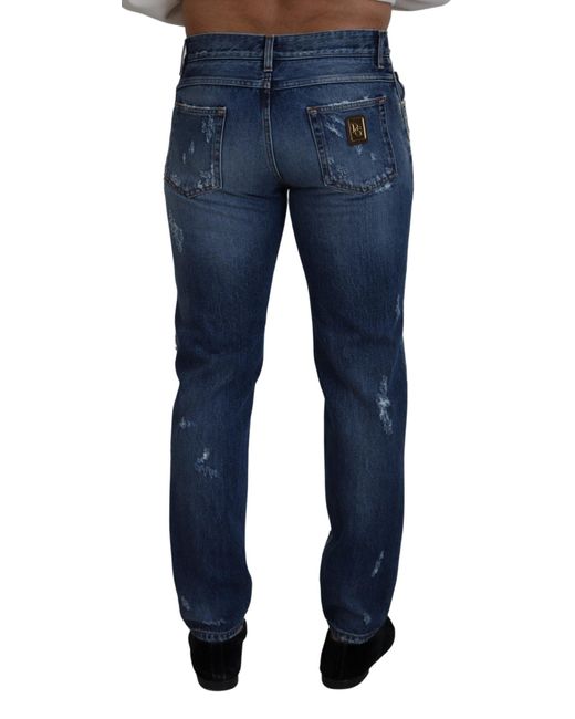 Dolce & Gabbana Blue Cotton Tattered Denim Jeans for men