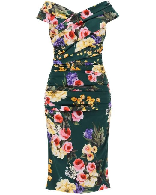 Dolce & Gabbana Green Rose Garden Draped Midi Dress