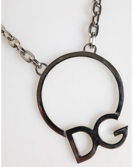 Dolce & Gabbana White Tone Brass Chain Dg Logo Pendant Necklace for men