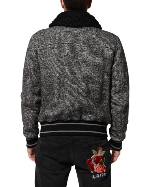 Dolce & Gabbana Gray Wool Herringbone Shearling Collar Bomber Jacket for men