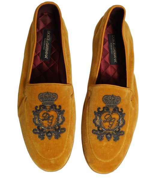 Dolce & Gabbana Brown Yellow Velvet Crown Embroidery Loafers Shoes for men