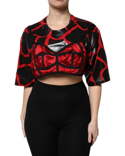 Dolce & Gabbana Red Black Cotton Bustier Detailing Cropped Top for men